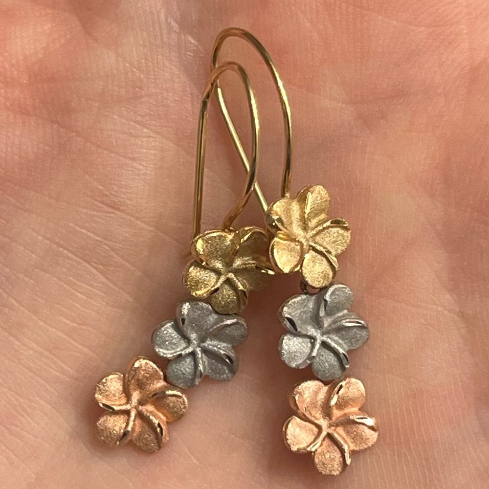 Vintage 14K Gold Plumeria Dangle Earrings, 14K Rose, Yellow, White Gold